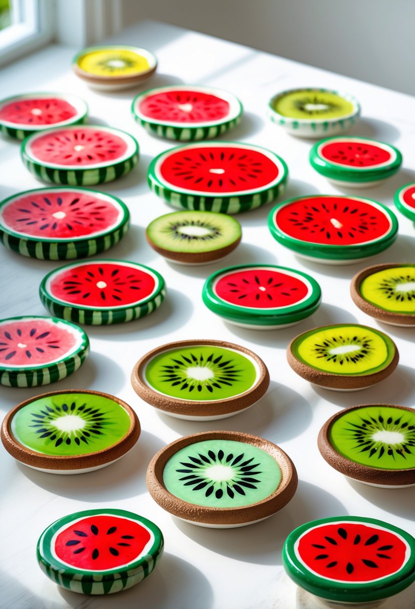A collection of colorful ceramic plates painted with watermelon and kiwi fruit slice designs arranged on a wooden surface.