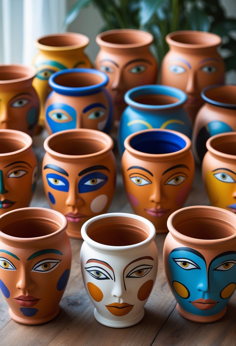Fifteen terracotta pots with colorful abstract face paintings arranged on a wooden table.