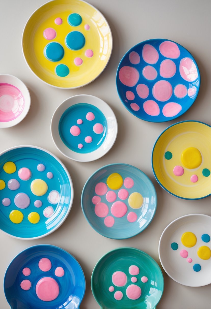 A group of colorful ceramic plates decorated with bright bubble patterns arranged on a plain background.