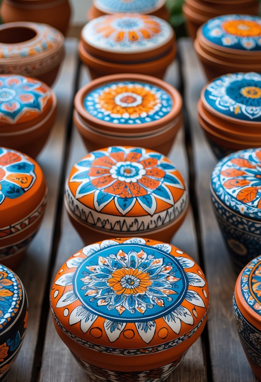 Fifteen terracotta pots with detailed painted patterns arranged on a wooden surface.