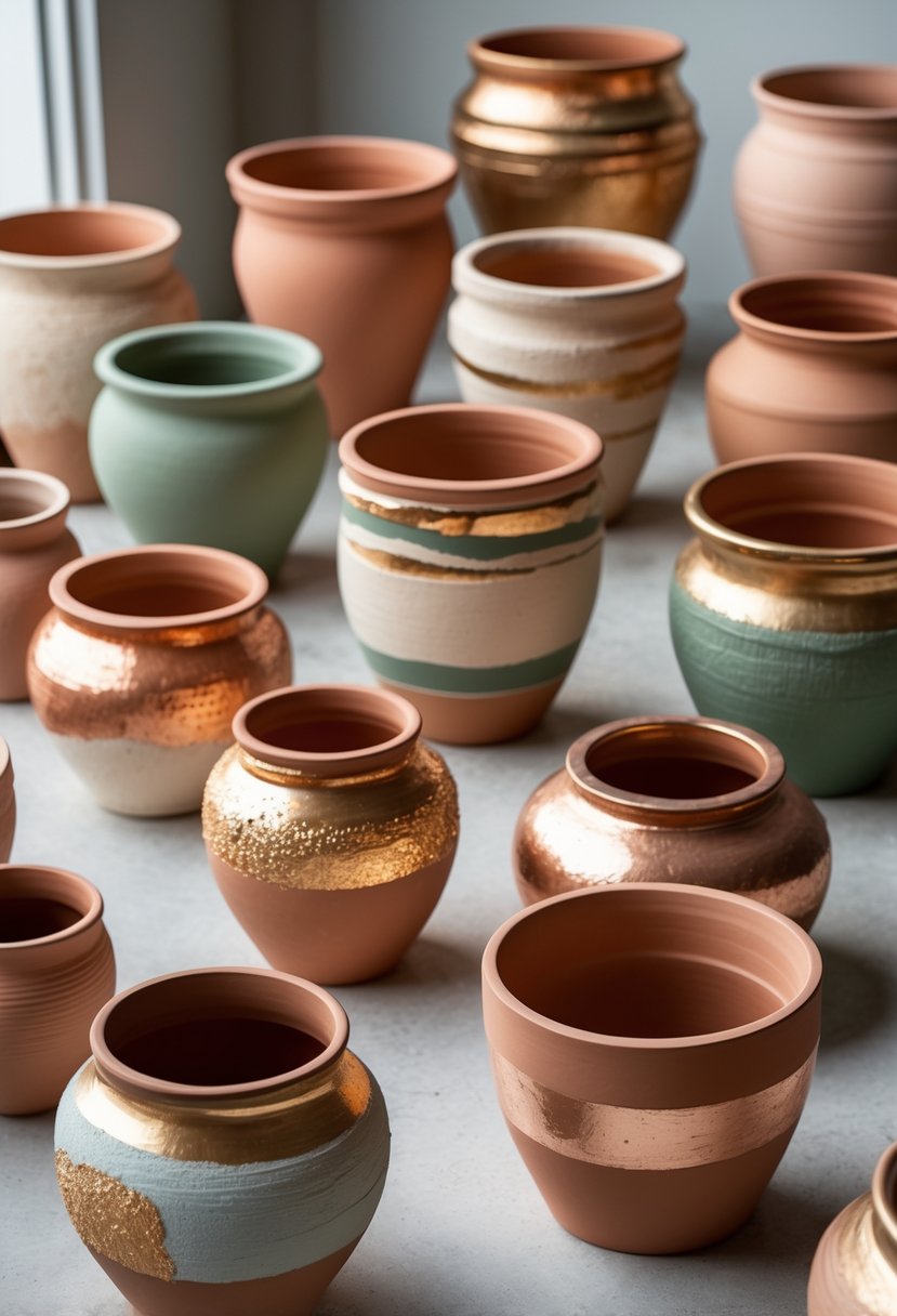 Fifteen terracotta pots with textured paint and metallic accents arranged on a surface.