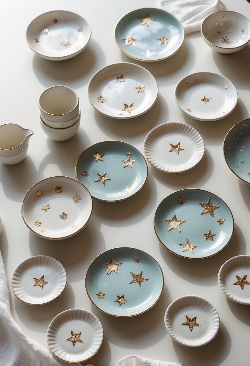 A collection of 15 small ceramic plates with painted tiny star clusters and metallic accents arranged on a neutral background.