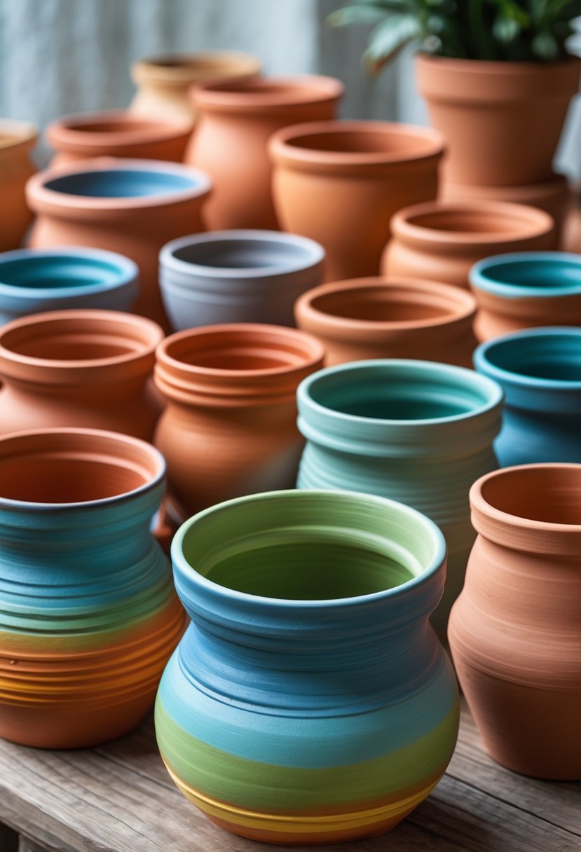 A collection of 15 terracotta pots painted with colorful ombre gradient designs arranged on a wooden surface.