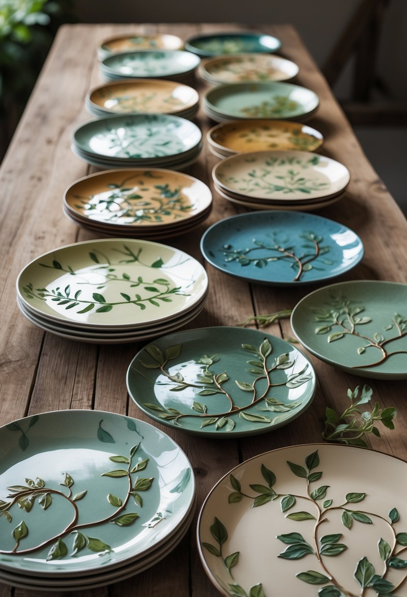 A display of 15 ceramic plates painted with various vine and leaf designs arranged on a wooden table.
