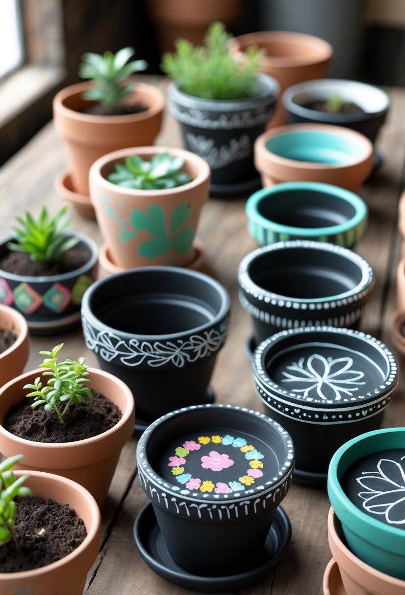 A collection of 15 uniquely painted terracotta pots with chalkboard paint, arranged on a wooden table, some holding small plants.