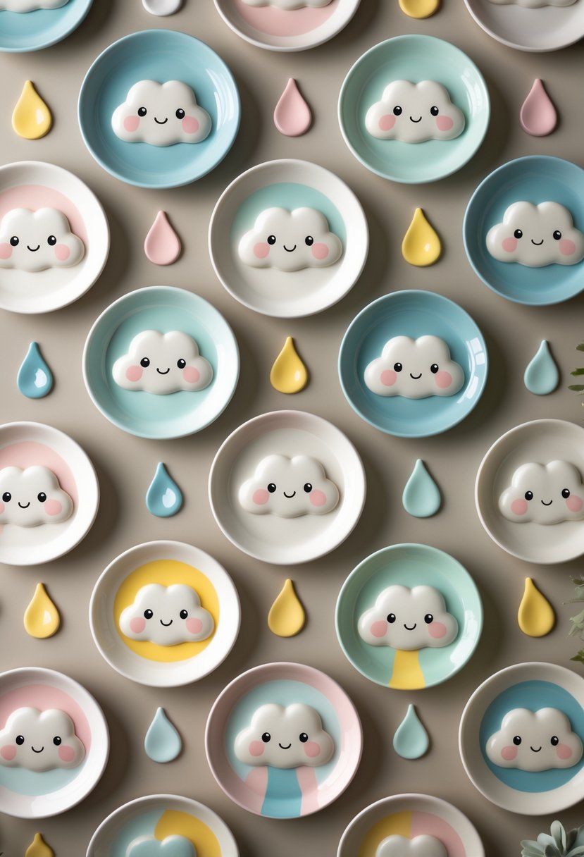 A collection of 15 ceramic plates decorated with playful clouds and raindrops arranged on a plain surface.