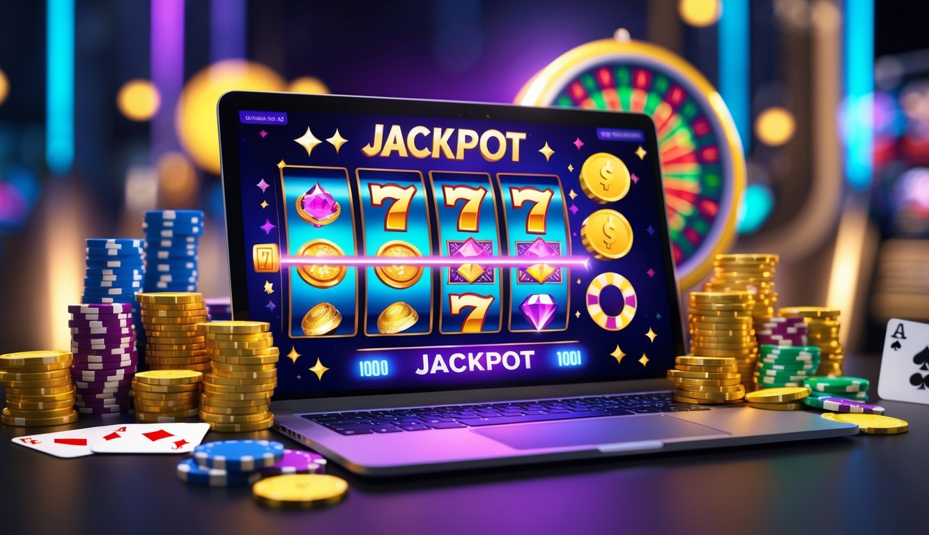 Sebuah layar komputer menampilkan permainan mesin slot online dengan simbol jackpot yang berwarna-warni, dikelilingi oleh chip poker dan kartu remi.