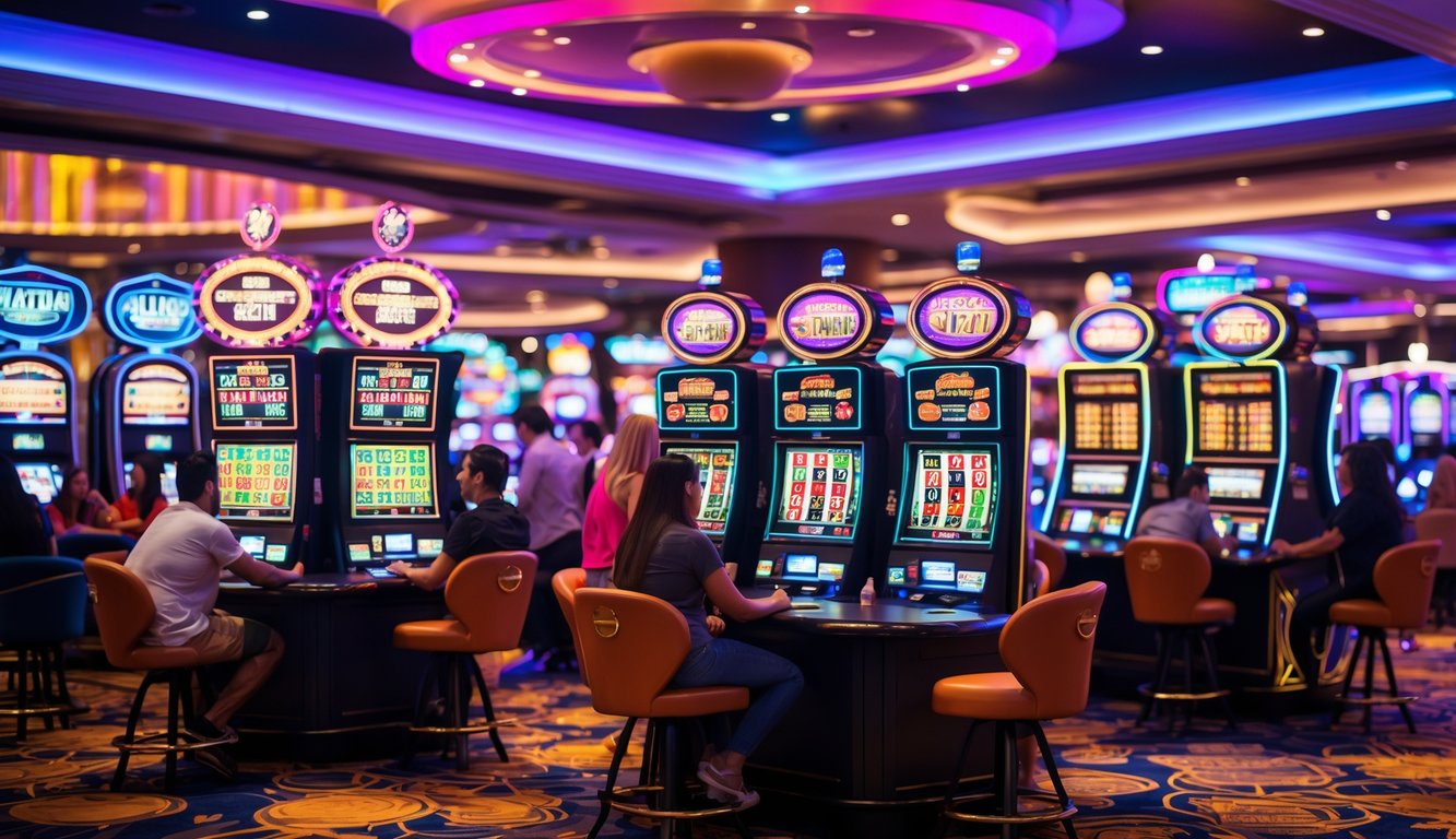 Suasana kasino yang ramai dengan pemain yang sedang bermain mesin slot dan permainan kasino lainnya.