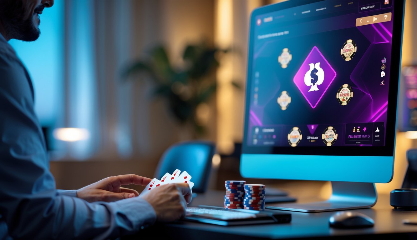 Seorang pemain poker sedang bermain poker online di depan komputer dengan chip dan kartu di tangan dalam suasana ruang kerja yang rapi dan nyaman.