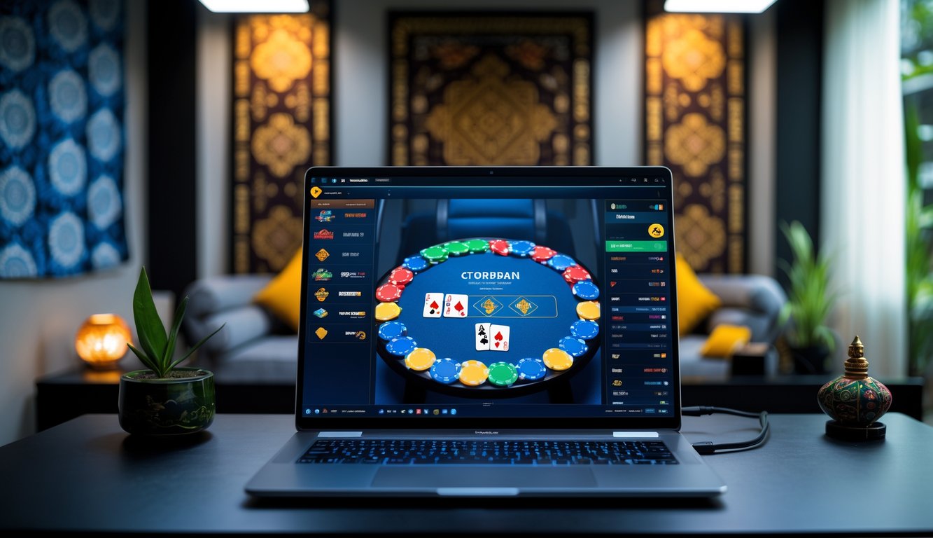 Seorang pemain poker online menggunakan laptop di meja kerja dengan dekorasi batik dan ornamen tradisional Indonesia di latar belakang.