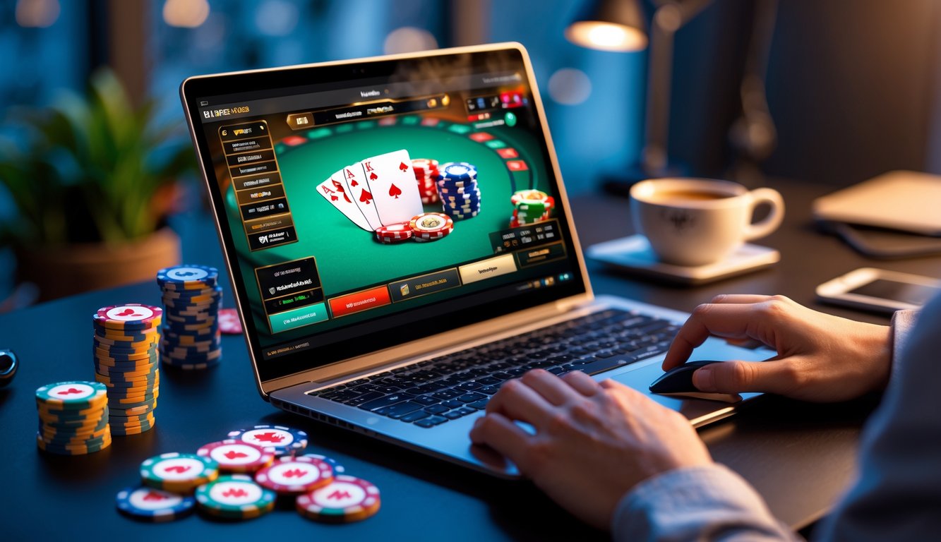 Seseorang bermain poker online di depan laptop dengan tumpukan chip poker di meja.