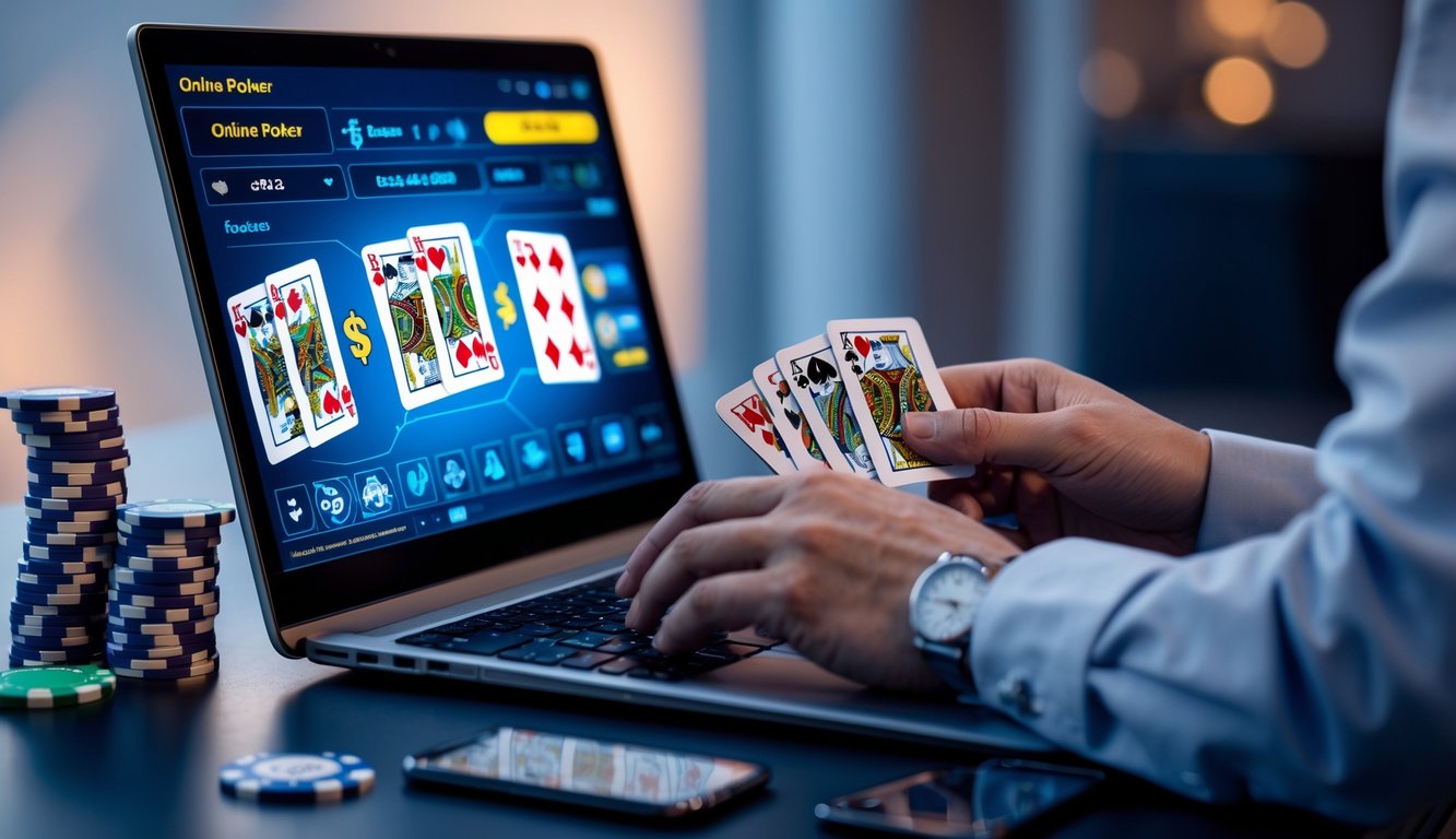Seseorang sedang bermain poker online dengan uang asli di depan layar komputer.