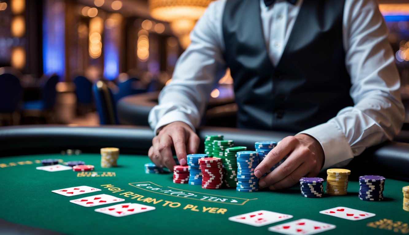 Meja poker modern dengan tumpukan chip warna-warni dan kartu yang sedang dibagikan di dalam kasino.