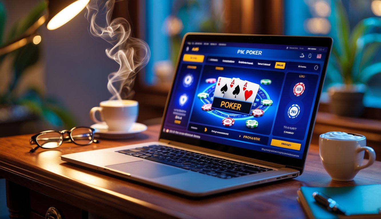 Seorang pemain poker online menggunakan laptop di meja kayu dengan chip poker dan kartu terlihat di layar.