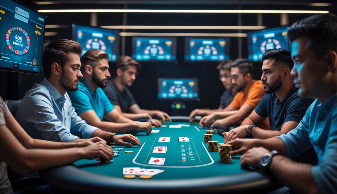 Sekelompok pemain serius bermain poker online di sekitar meja digital dengan layar menampilkan kartu dan chip poker.