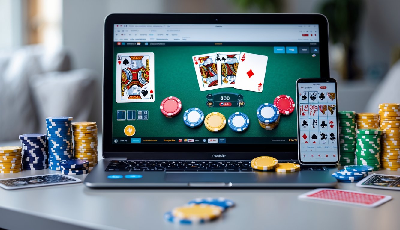Seorang pemain duduk di depan laptop dengan kartu poker dan chip di meja, menyiapkan permainan poker online.