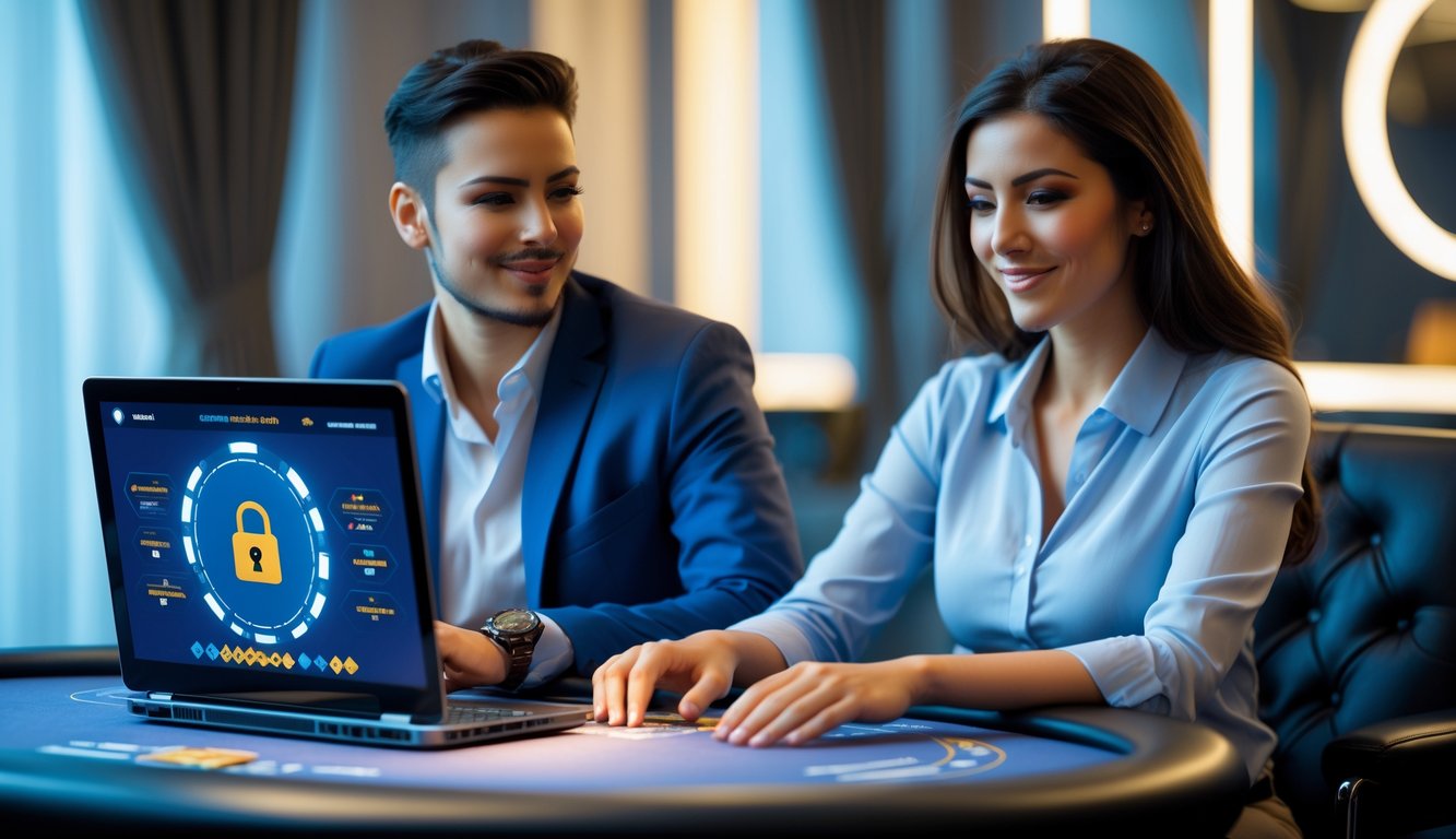 Seorang pria dan wanita duduk bersama di meja poker dengan laptop, fokus bermain poker online dalam suasana yang aman dan terpercaya.