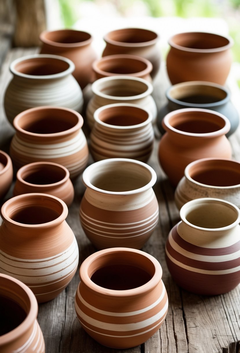 A collection of 15 terracotta pots with striped patterns in earth tones arranged on a wooden surface.