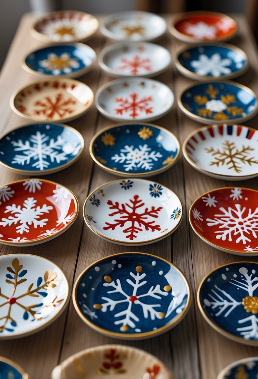 Fifteen small ceramic plates painted with various colorful snowflake designs arranged on a wooden surface.
