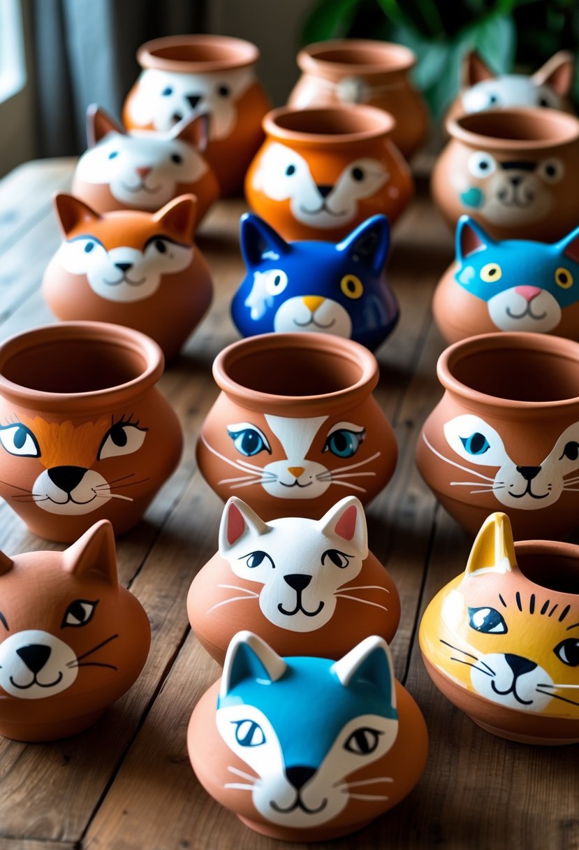 Fifteen terracotta pots painted with colorful animal faces arranged on a wooden table.