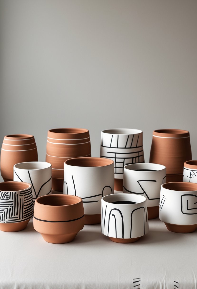 A collection of 15 terracotta pots with different black and white line art designs arranged on a plain surface.