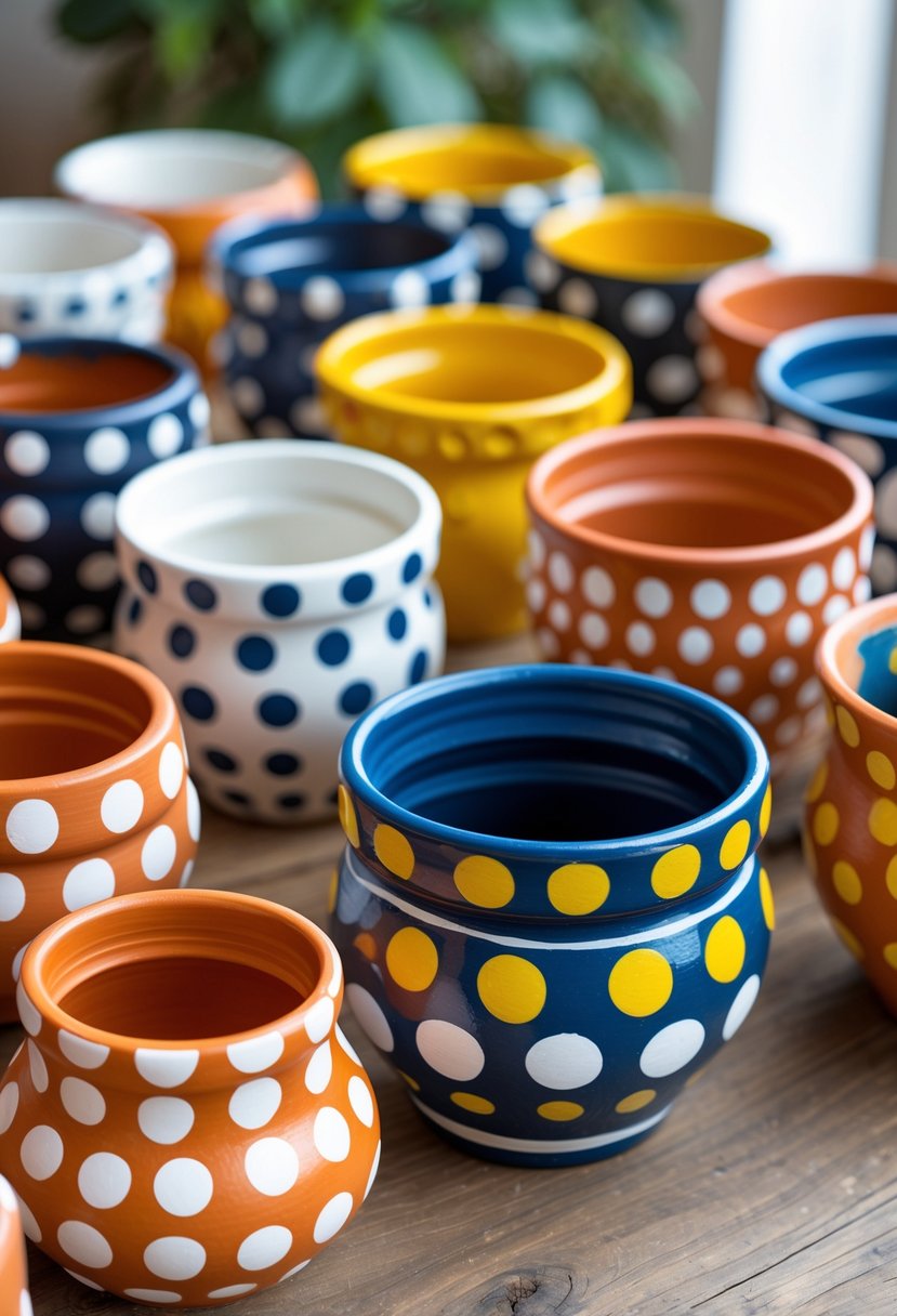 Fifteen terracotta pots painted with colorful polka dot patterns arranged on a wooden surface.