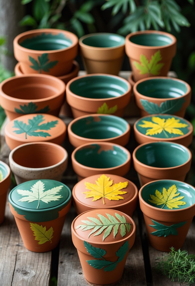 A collection of 15 painted terracotta pots with various leaf imprint designs arranged on a wooden surface.