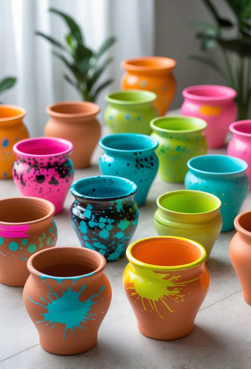 A collection of 15 terracotta pots painted with bright neon colors arranged on a surface.