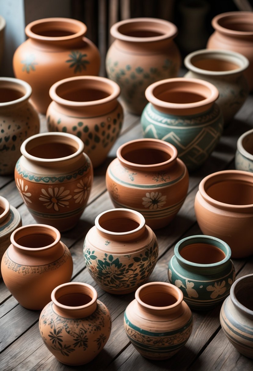 A collection of 15 uniquely painted terracotta pots with various designs arranged on a wooden surface.