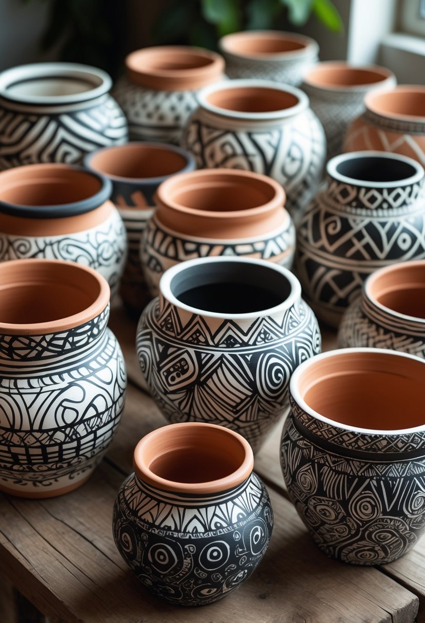 A collection of 15 terracotta pots with intricate black and white painted designs arranged on a wooden surface.