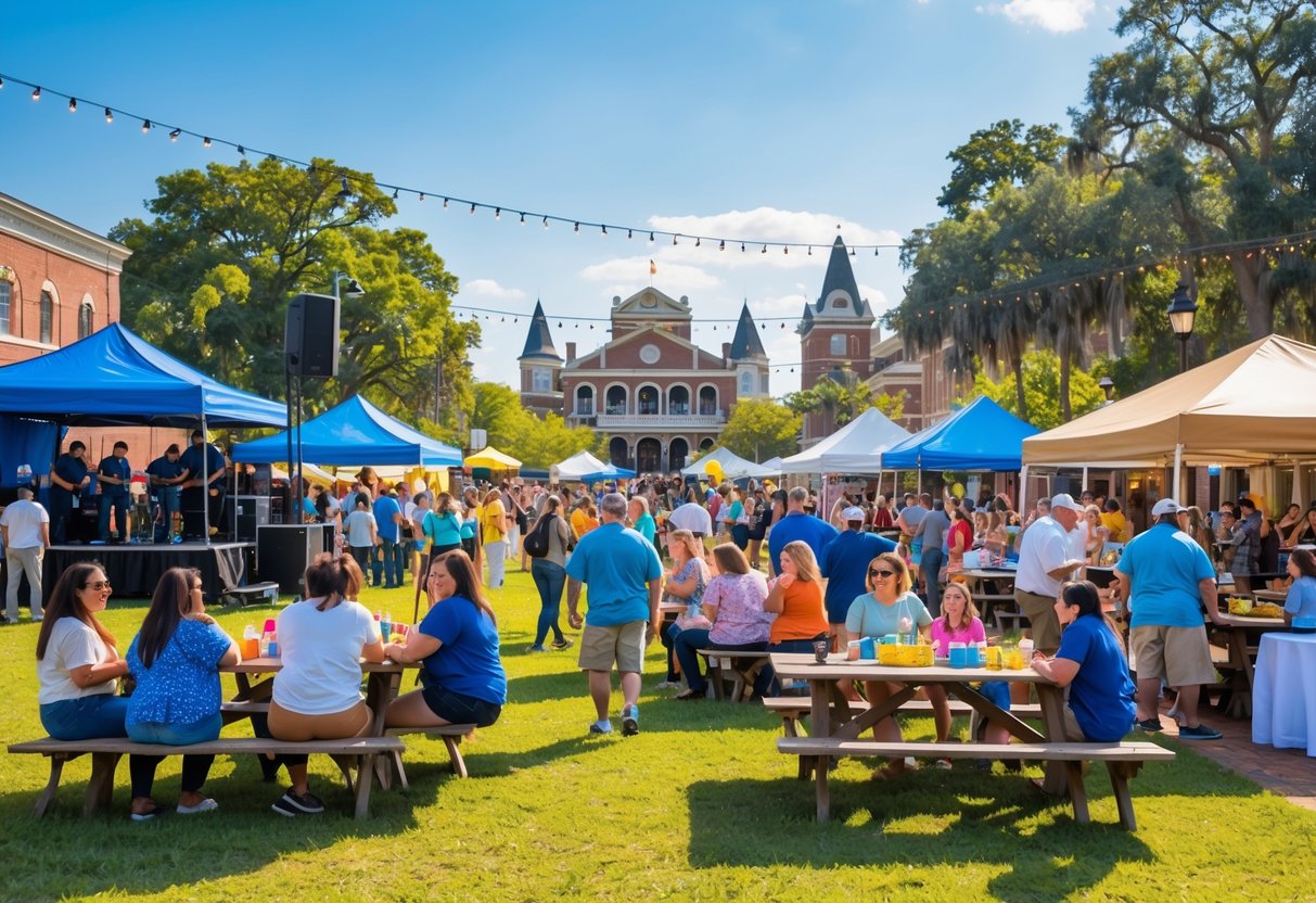 People enjoying a sunny outdoor festival with music, food vendors, and families in a park setting in Monroe, Louisiana.