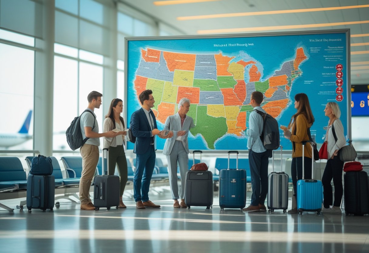 Un groupe de voyageurs consultent une grande carte des États-Unis dans un salon d'aéroport lumineux.
