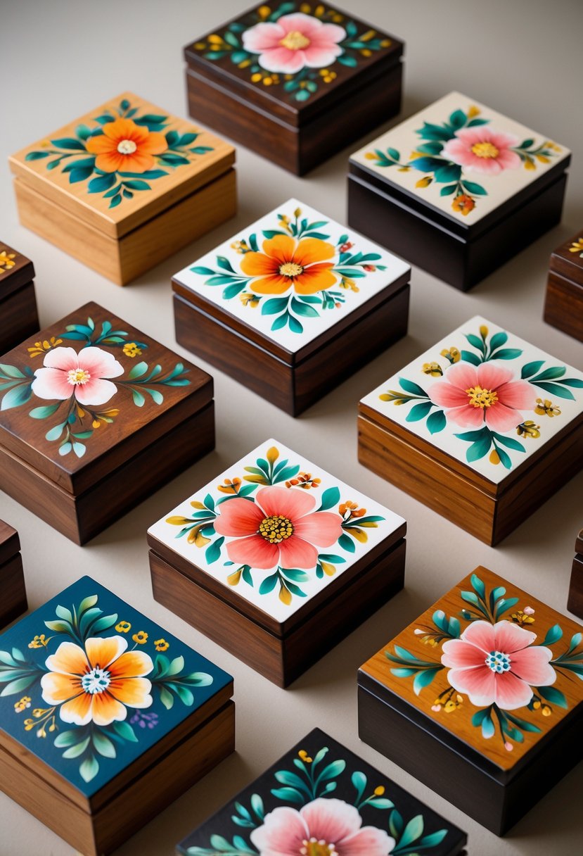 A collection of hand-painted wooden boxes decorated with colorful floral patterns arranged on a neutral surface.