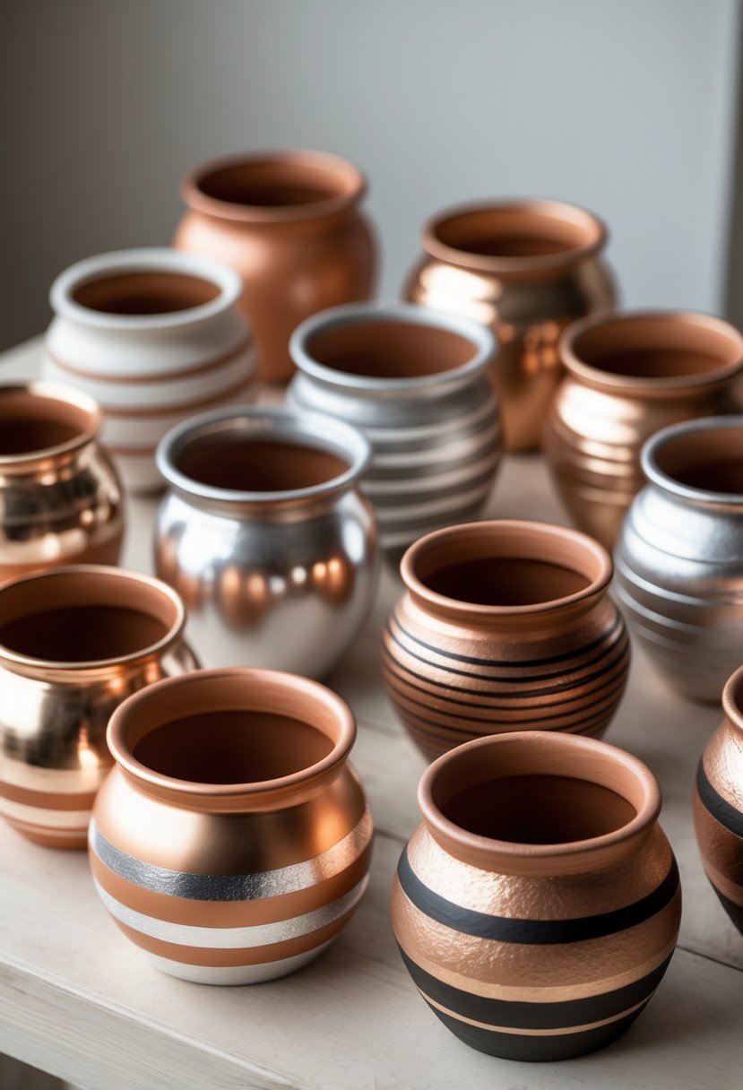 A collection of clay pots decorated with various striped metallic paint designs arranged on a wooden surface.
