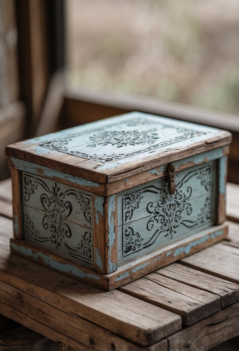 A vintage distressed wooden box with stenciled designs placed on a wooden surface.