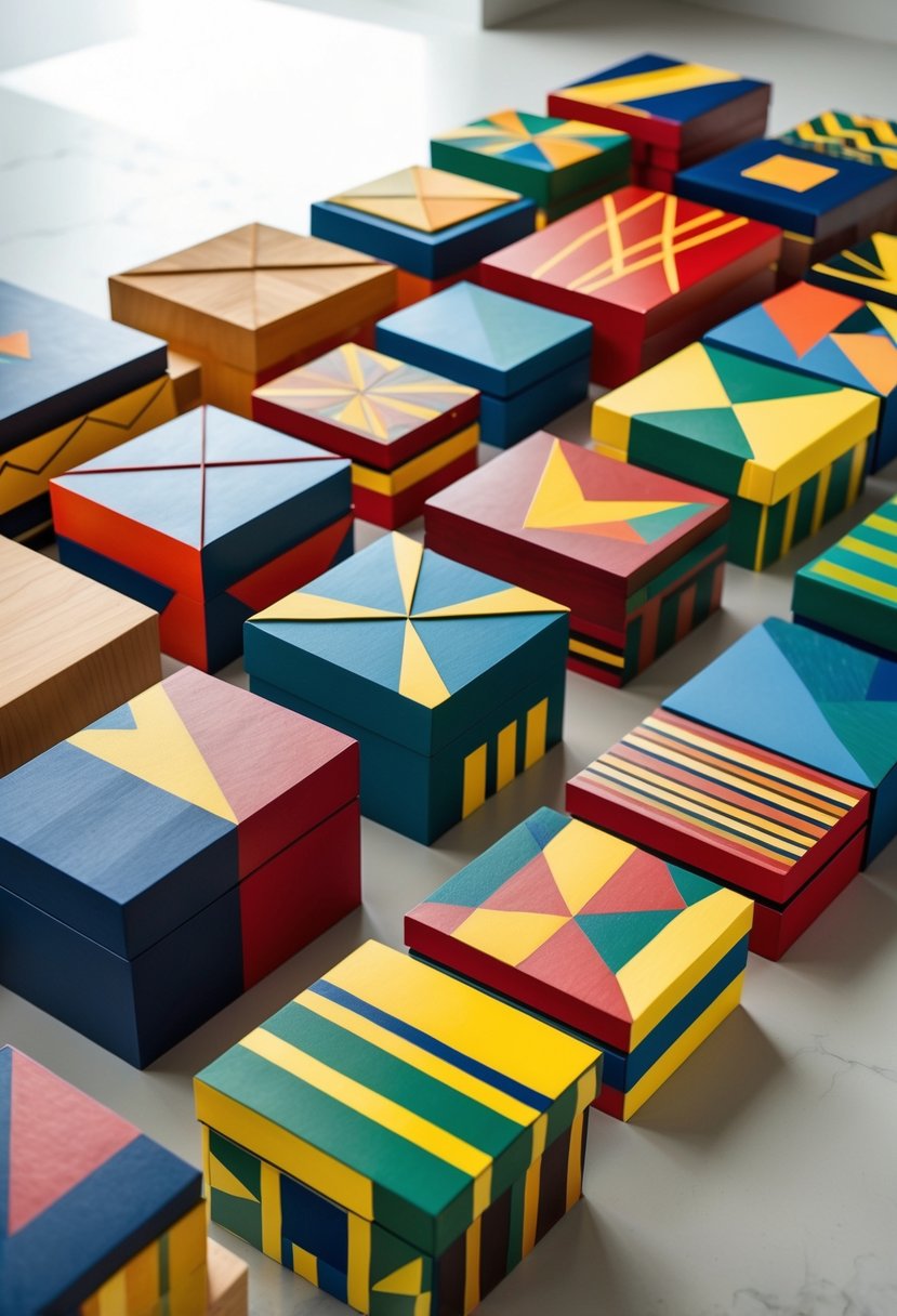 A collection of fifteen wooden boxes with colorful geometric patterns arranged on a surface.