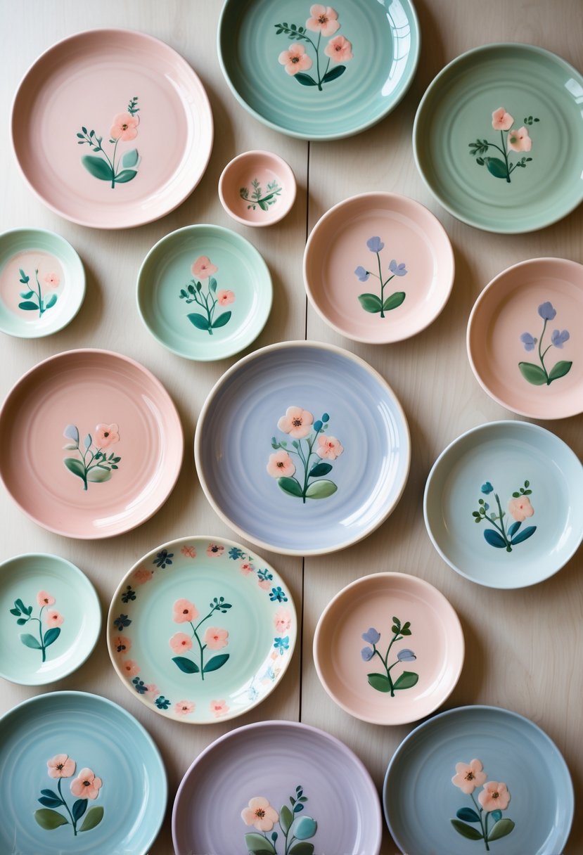 A collection of 15 pastel-colored pottery plates with floral patterns arranged on a wooden surface.