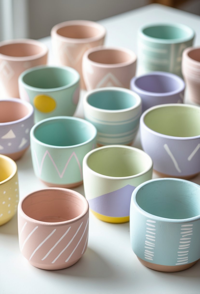A collection of small clay pots painted with pastel-colored geometric shapes arranged on a white surface.
