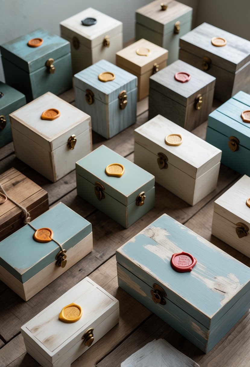 A collection of wooden boxes with painted finishes and wax seals arranged on a wooden surface.