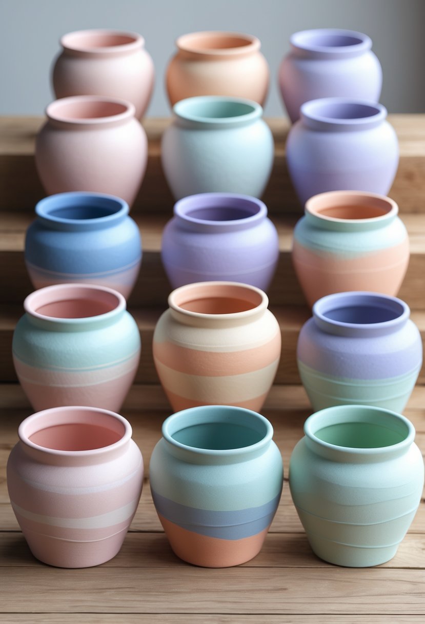 A collection of 15 colorful clay pots with smooth gradient paint effects arranged on a wooden surface against a plain background.