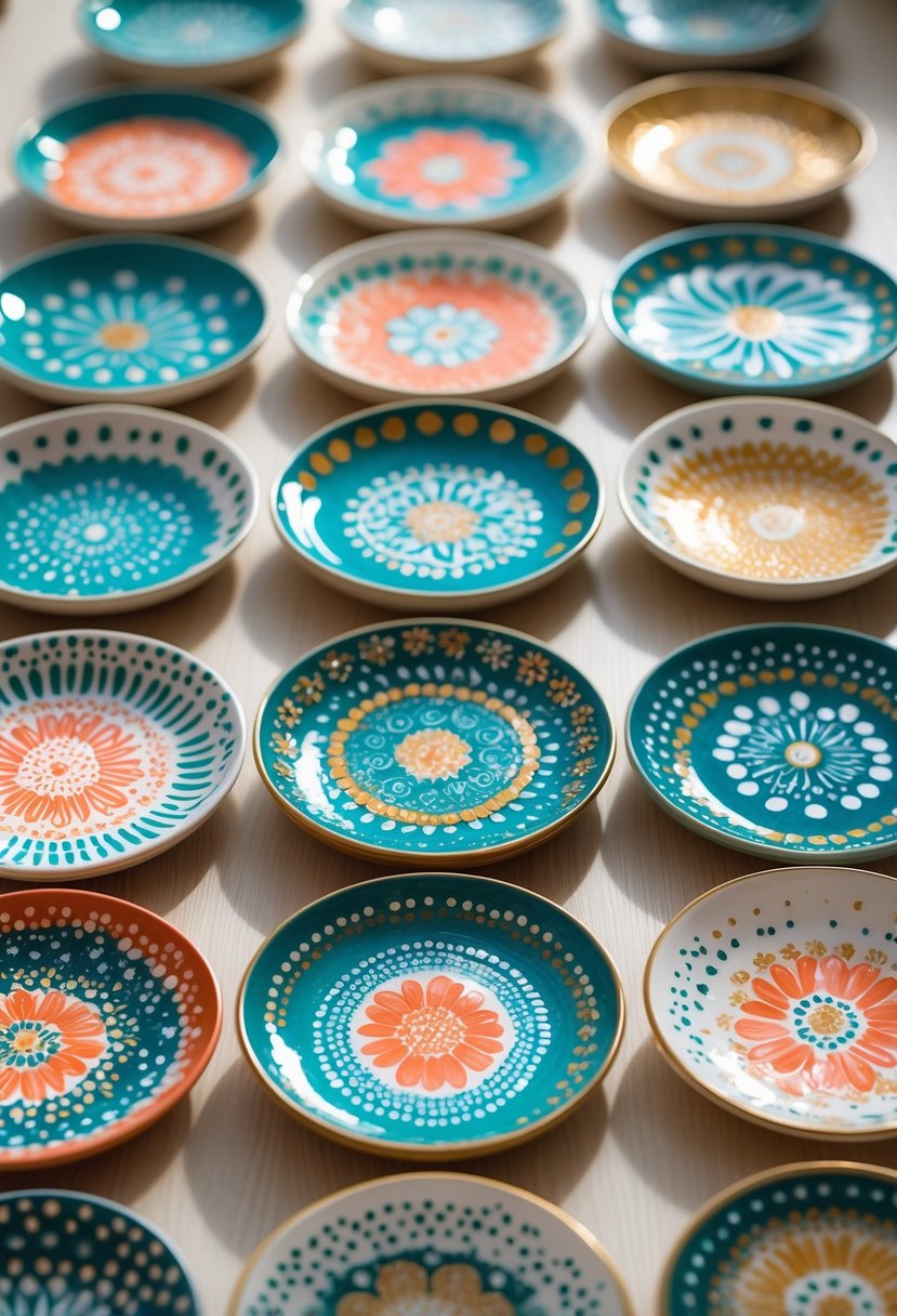 A collection of 15 small ceramic plates with colorful detailed dot patterns arranged on a wooden surface.
