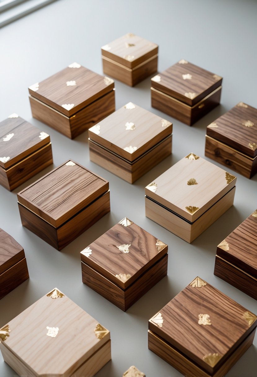 A collection of 15 wooden boxes with natural wood textures and metallic gold leaf accents arranged on a light surface.