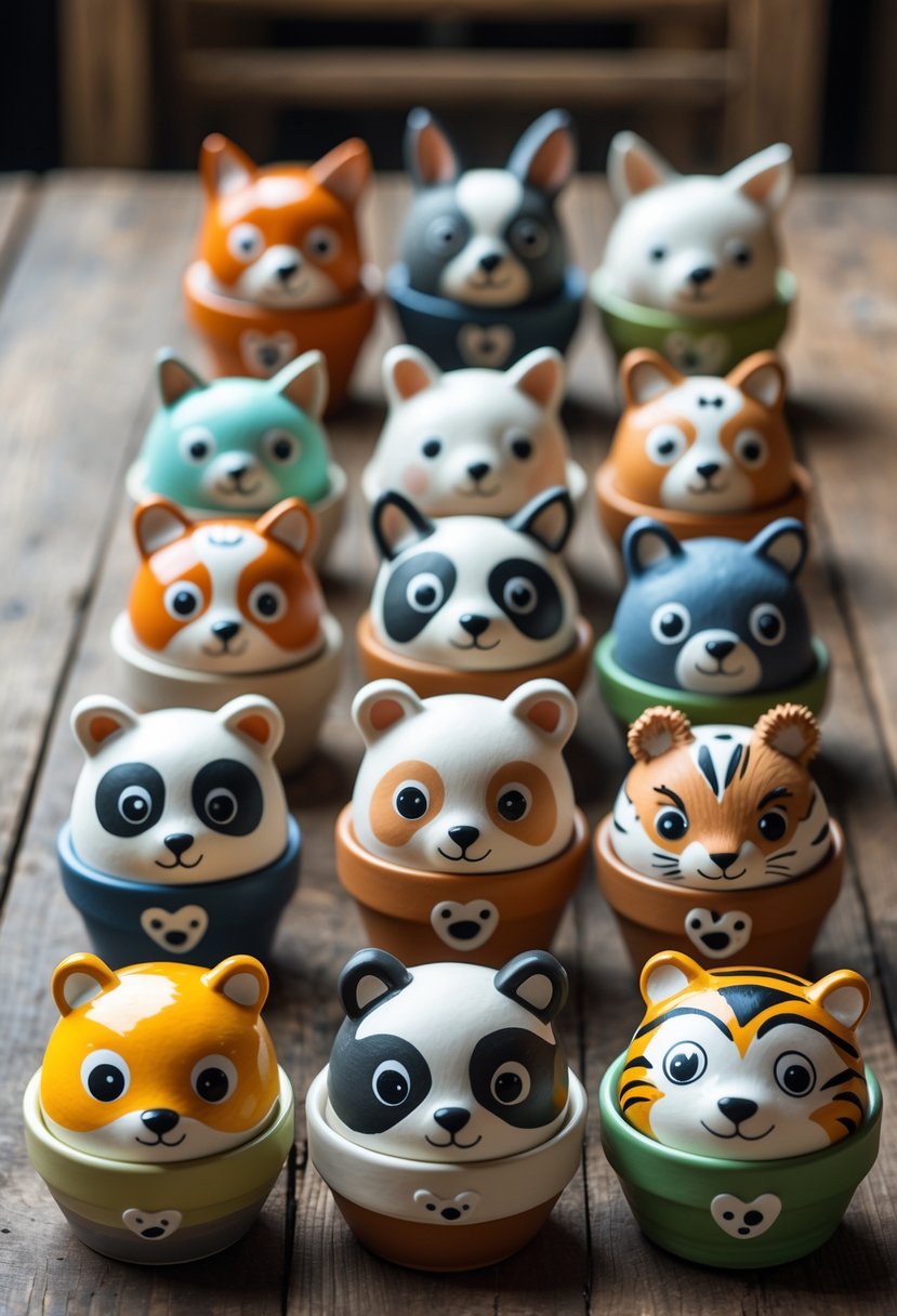Fifteen small clay pots painted with various cute animal faces arranged on a wooden table.