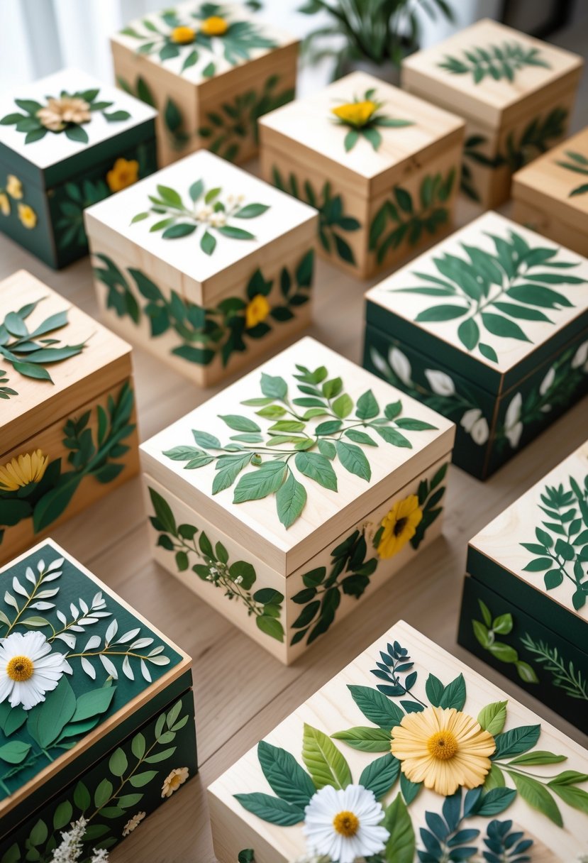 A collection of 15 wooden boxes decorated with colorful botanical prints arranged on a light wooden surface.