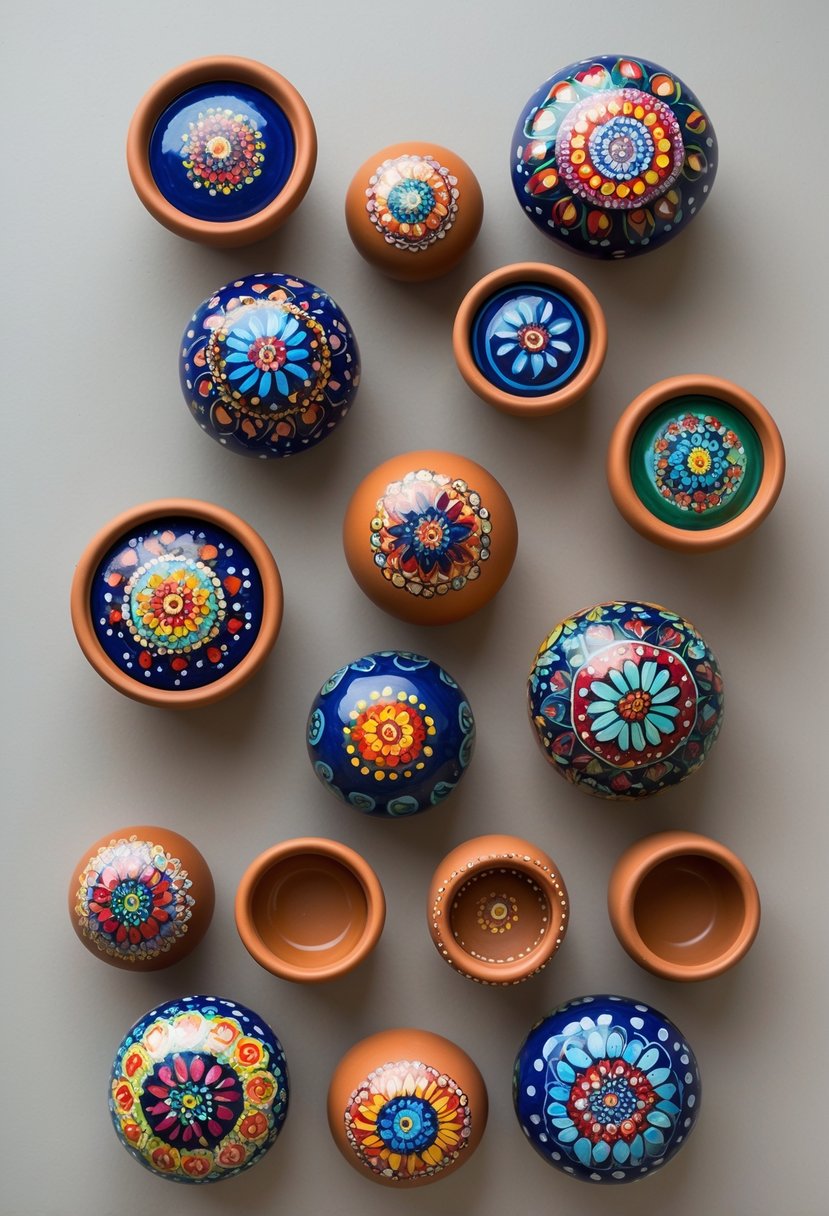 A group of fifteen small clay pots decorated with colorful dotted and swirling patterns arranged on a plain surface.
