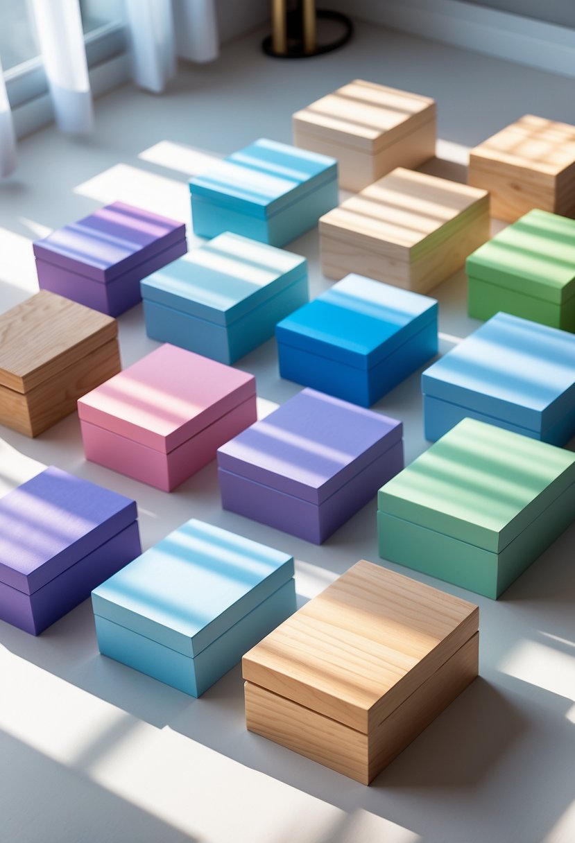 A collection of 15 wooden boxes painted with smooth ombre gradient colors arranged on a flat surface.
