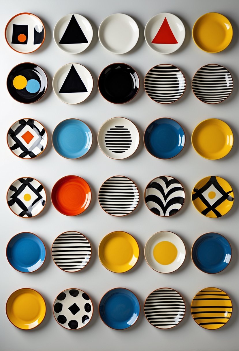 Fifteen small pottery plates with colorful geometric patterns arranged on a plain surface.
