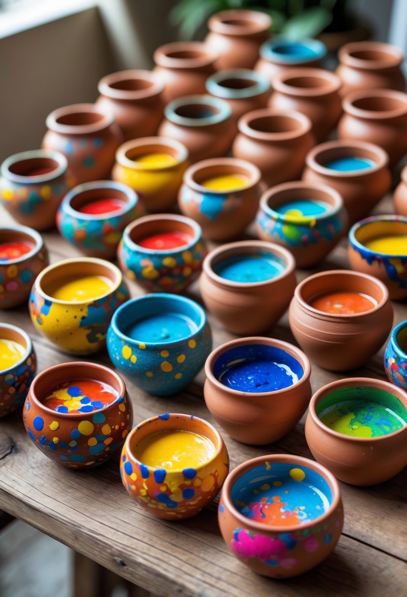 A collection of 15 small clay pots painted with colorful abstract splatter designs arranged on a wooden table.
