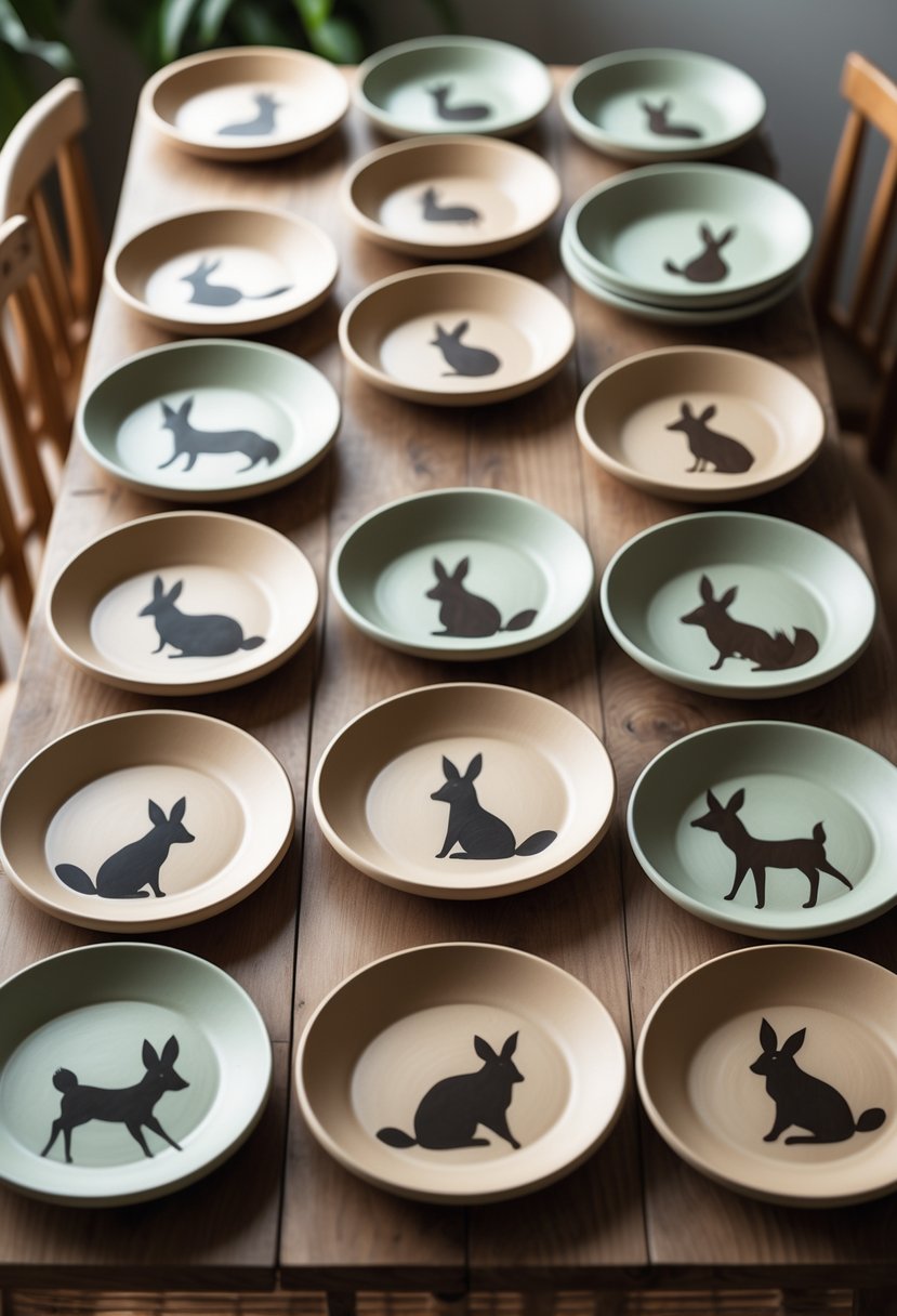 A collection of 15 ceramic plates with painted animal silhouettes arranged on a wooden table.