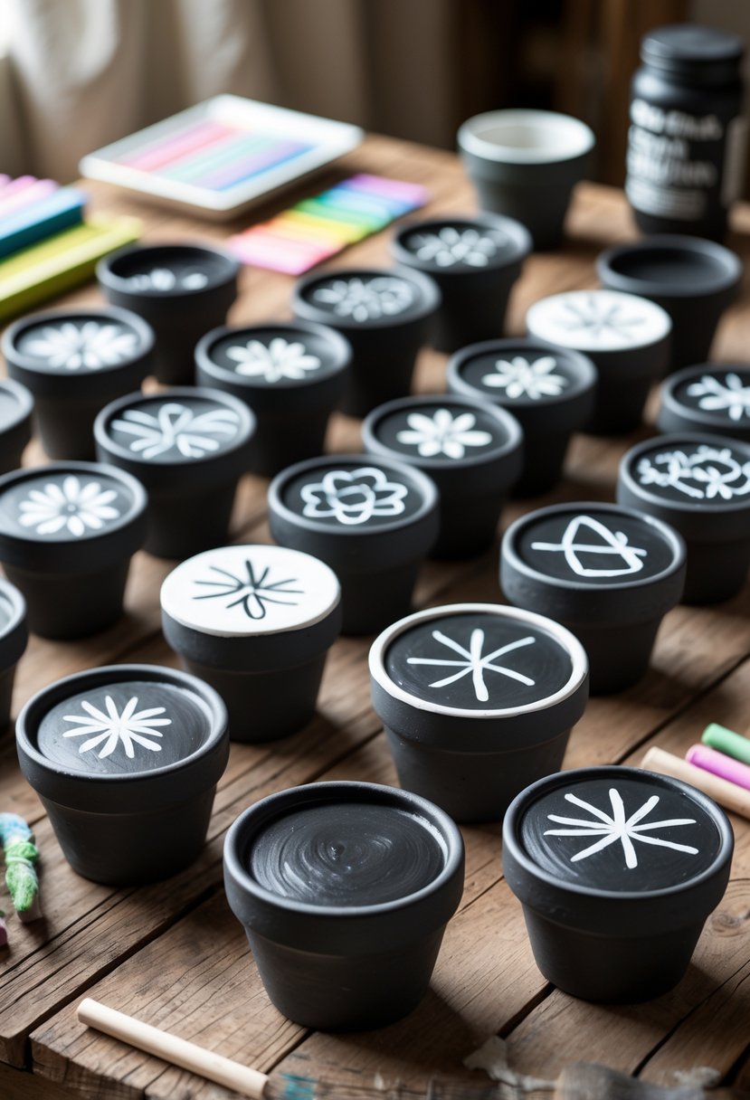 A collection of small clay pots painted with black chalkboard paint on a wooden table, some decorated with white chalk drawings, surrounded by chalk sticks and painting supplies.